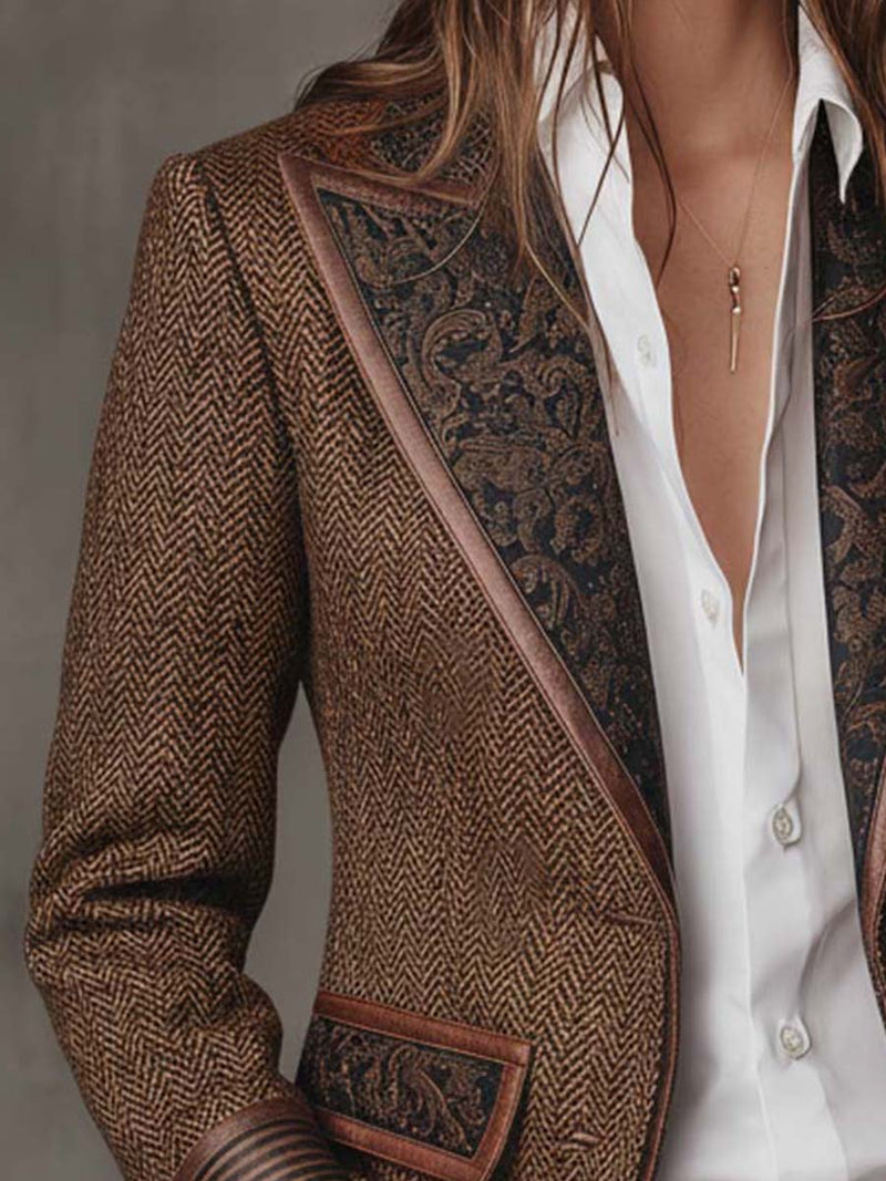 Herringbone Tweed Blazer for Women with Paisley Lapels and Ribbed Cuffs in Brown, lapel close-up