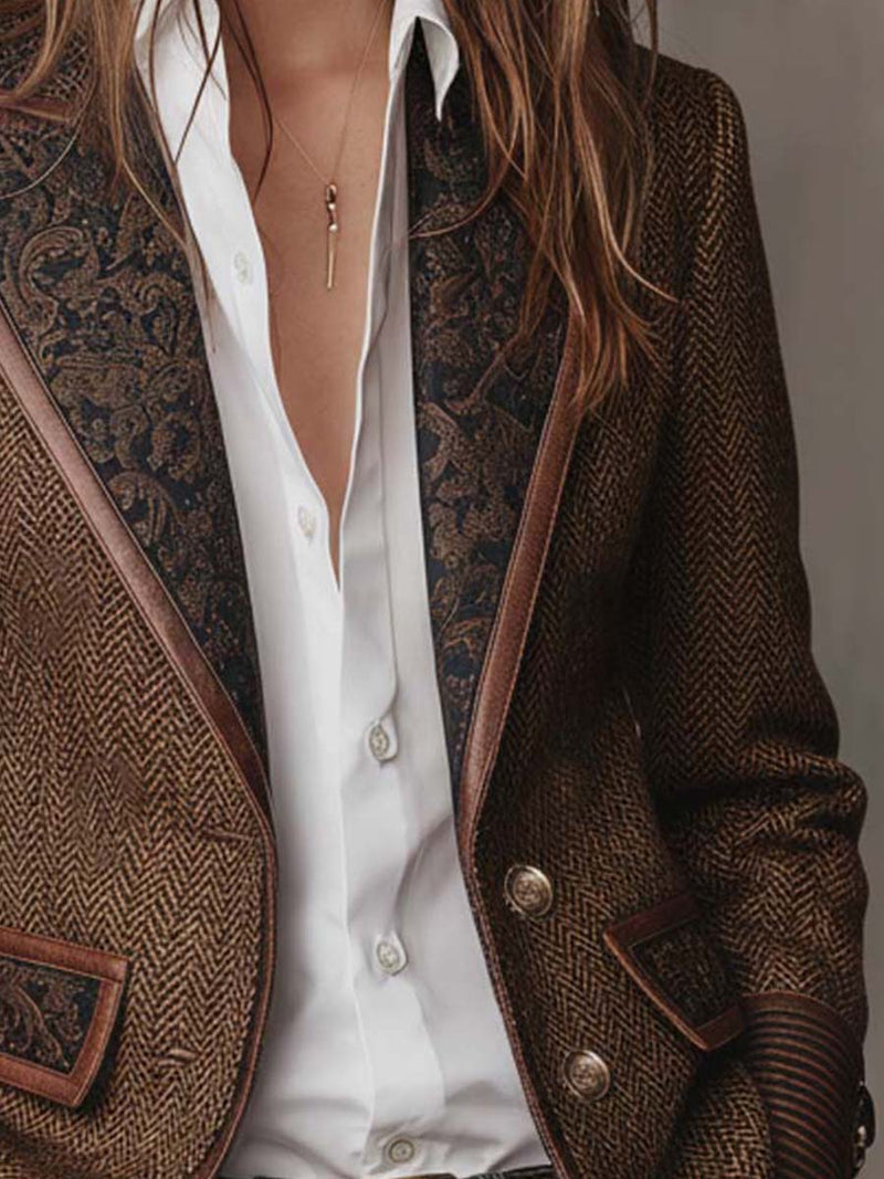Herringbone Tweed Blazer for Women with Paisley Lapels and Ribbed Cuffs in Brown, lapel detail