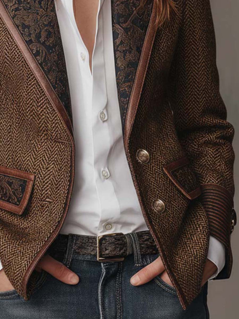 Herringbone Tweed Blazer for Women with Paisley Lapels and Ribbed Cuffs in Brown, pocket detail