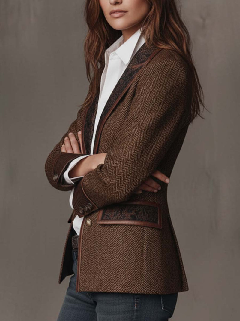 Herringbone Tweed Blazer for Women with Paisley Lapels and Ribbed Cuffs in Brown, side view