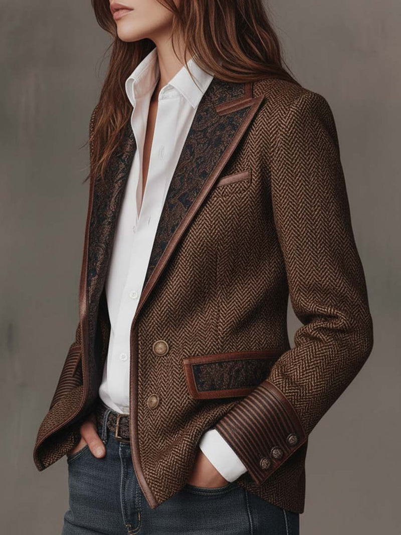Herringbone Tweed Blazer for Women with Paisley Lapels and Ribbed Cuffs in Brown, side view open