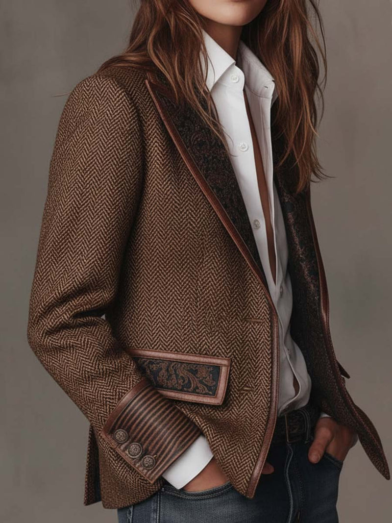 Herringbone Tweed Blazer for Women with Paisley Lapels and Ribbed Cuffs in Brown, three-quarter view