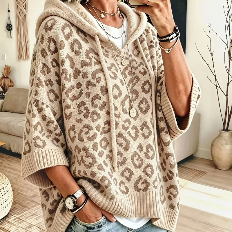 Leopard Print Oversized Knit Hoodie for Women with Batwing Half Sleeves in Beige, front view 2