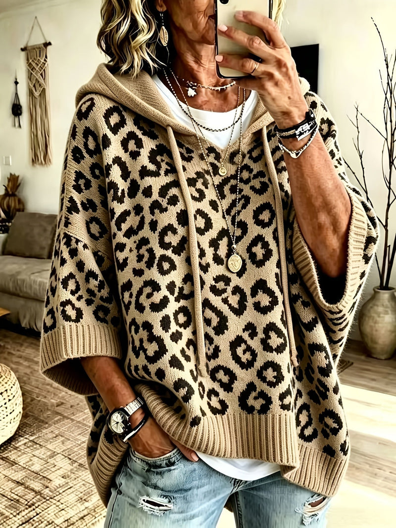 Leopard Print Oversized Knit Hoodie for Women with Batwing Half Sleeves, front view