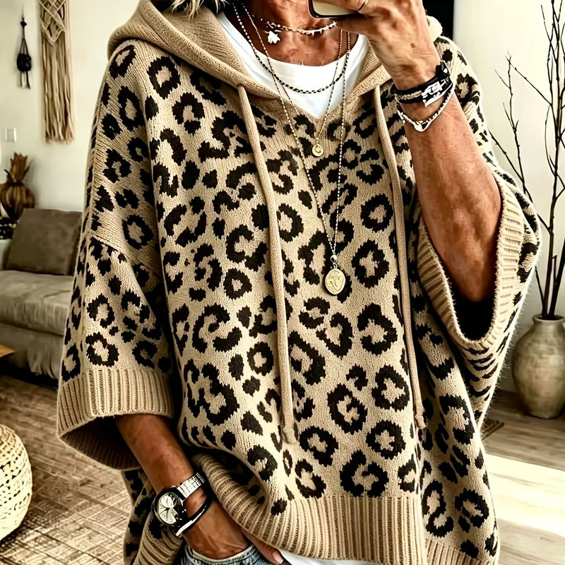Leopard Print Oversized Knit Hoodie for Women with Batwing Half Sleeves, front view 5