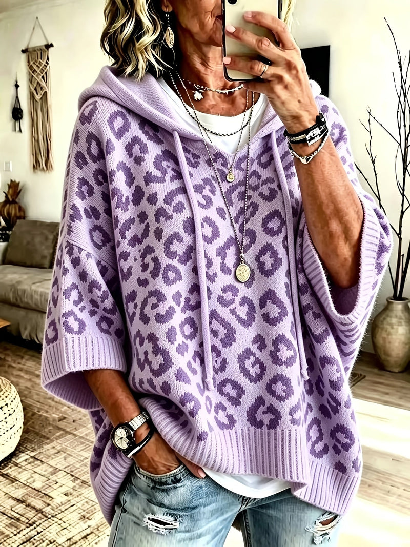 Leopard Print Oversized Knit Hoodie for Women with Batwing Half Sleeves, front view 2