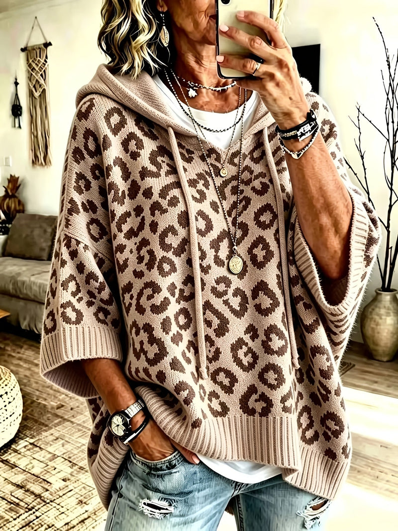 Leopard Print Oversized Knit Hoodie for Women with Batwing Half Sleeves, front view 4