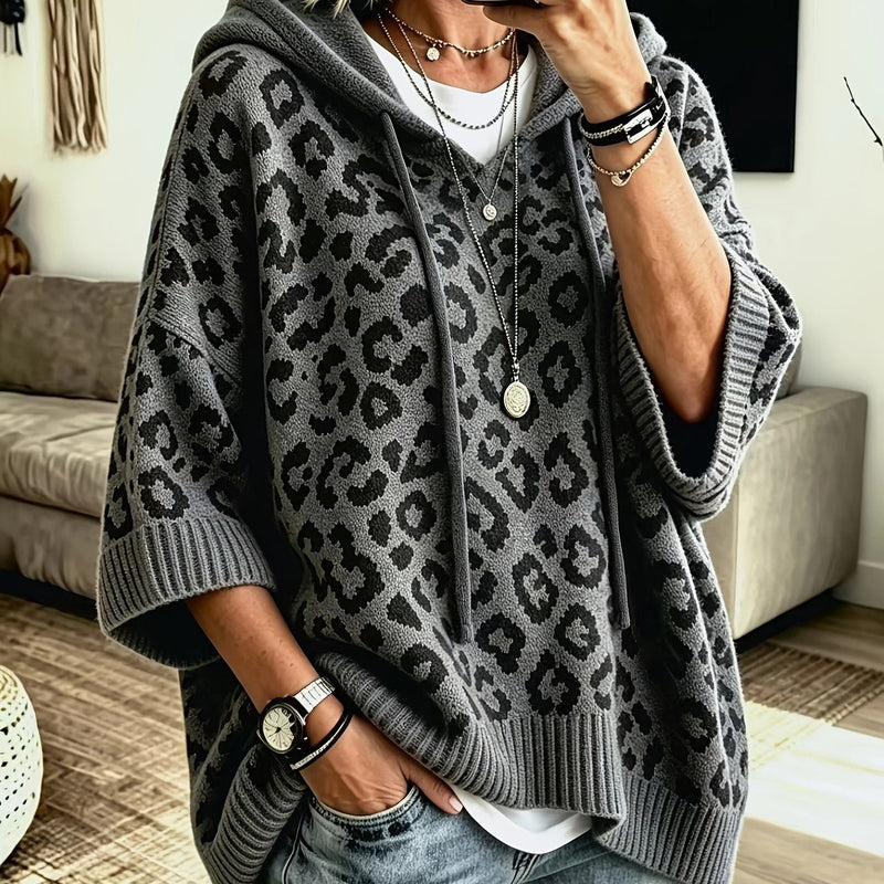 Leopard Print Oversized Knit Hoodie for Women with Batwing Half Sleeves in Grey, front view 2