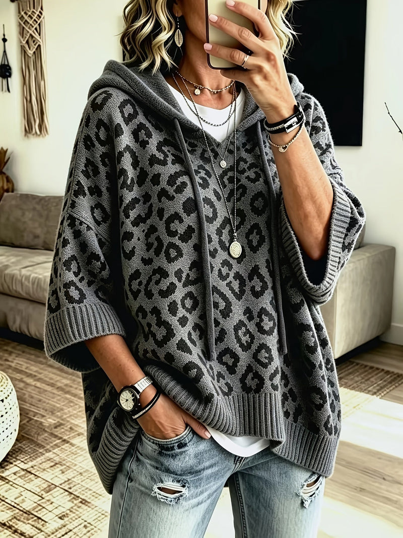Leopard Print Oversized Knit Hoodie for Women with Batwing Half Sleeves in Grey, front view