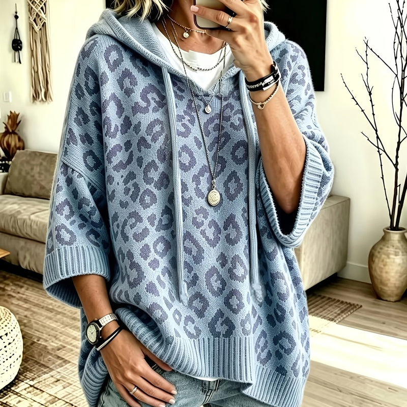 Leopard Print Oversized Knit Hoodie for Women with Batwing Half Sleeves in Light Blue, front view 2