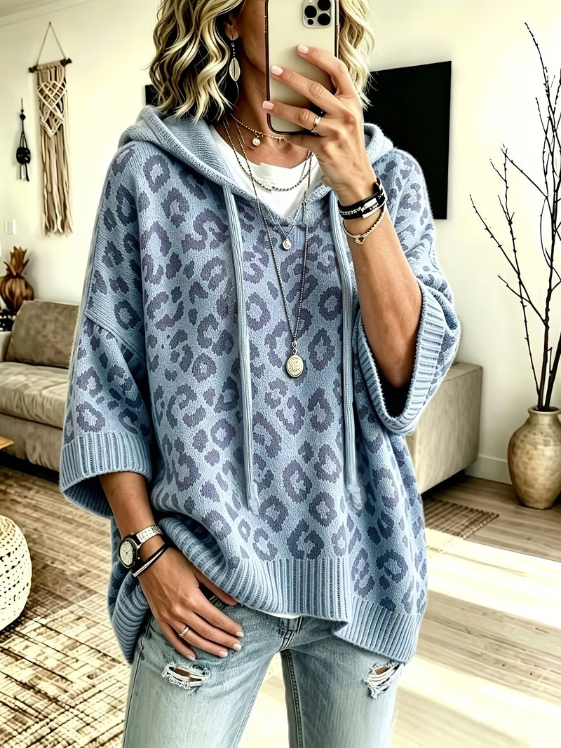 Leopard Print Oversized Knit Hoodie for Women with Batwing Half Sleeves in Light Blue, front view