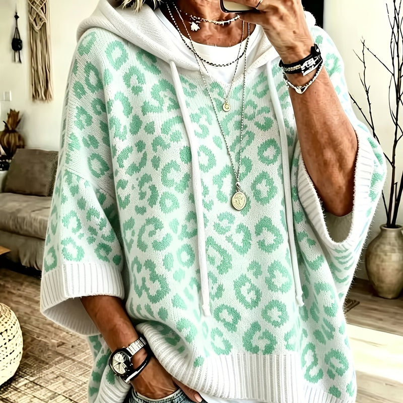 Leopard Print Oversized Knit Hoodie for Women with Batwing Half Sleeves in Mint Green, front view 2