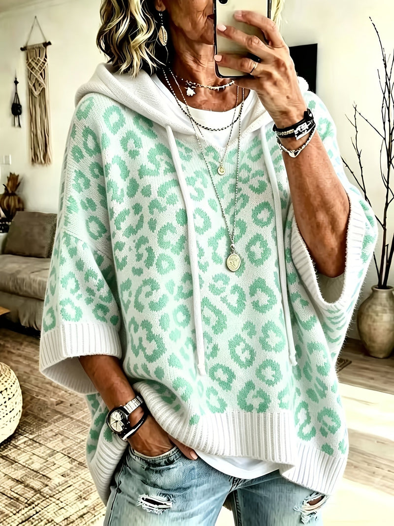 Leopard Print Oversized Knit Hoodie for Women with Batwing Half Sleeves in Mint Green, front view