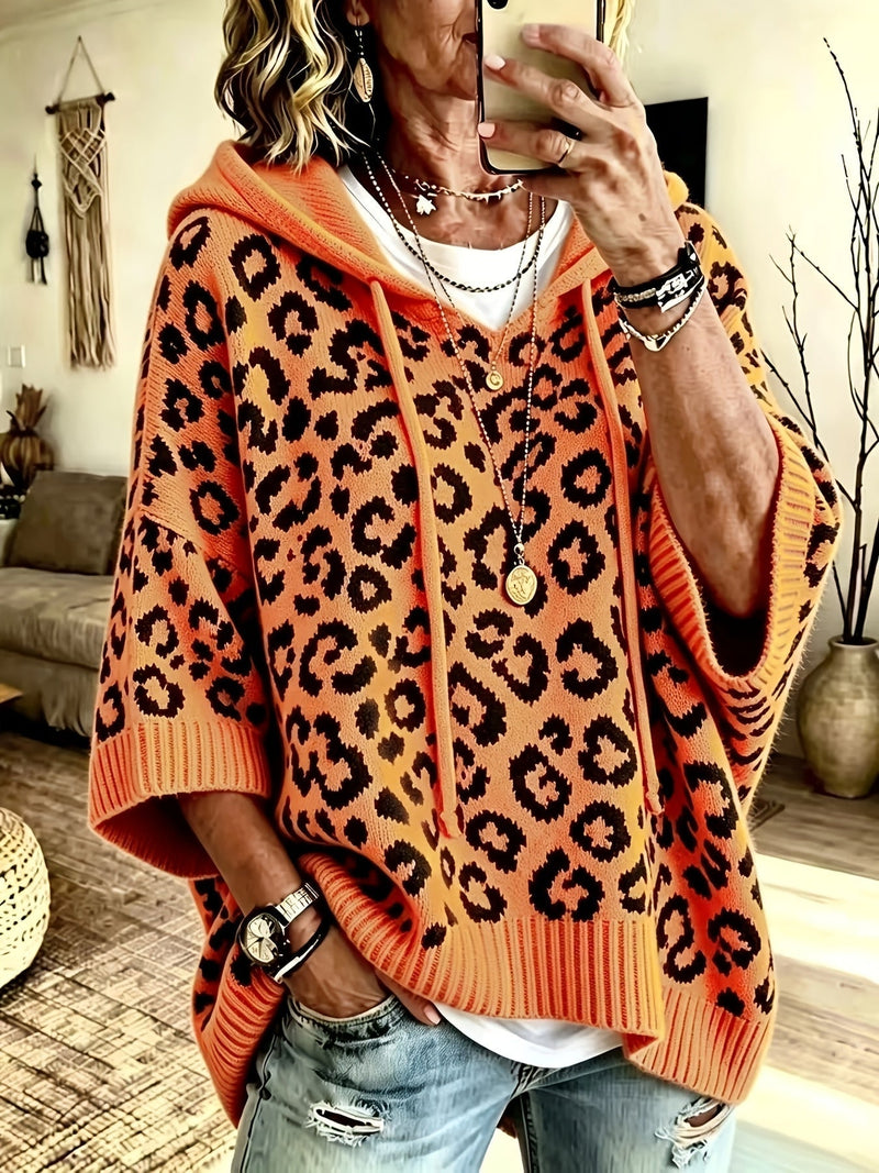 Leopard Print Oversized Knit Hoodie for Women with Batwing Half Sleeves in Orange, front view