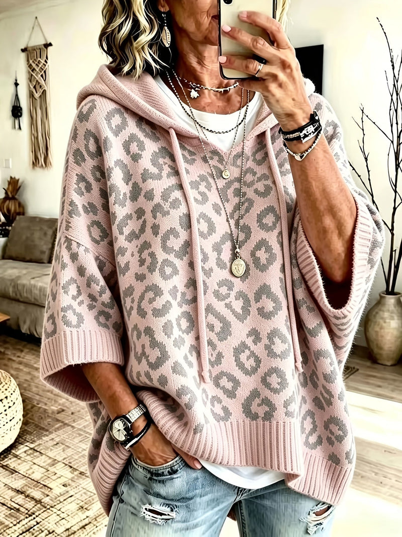 Leopard Print Oversized Knit Hoodie for Women with Batwing Half Sleeves in Pink, front view