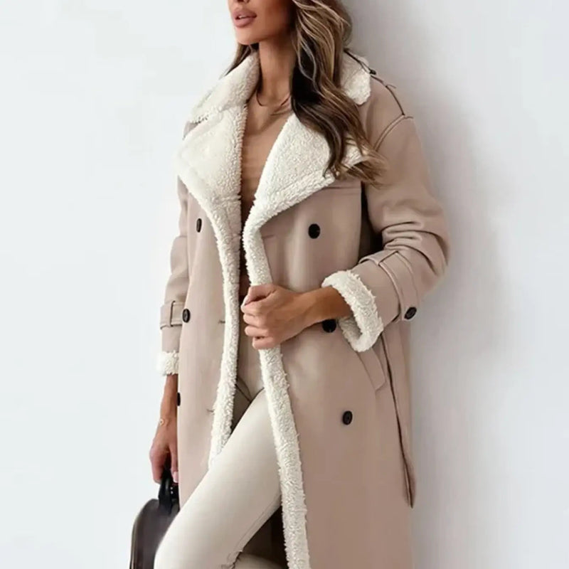 Belted Faux Shearling Trench Coat for Women with Double Breasted Front in Beige, close-up