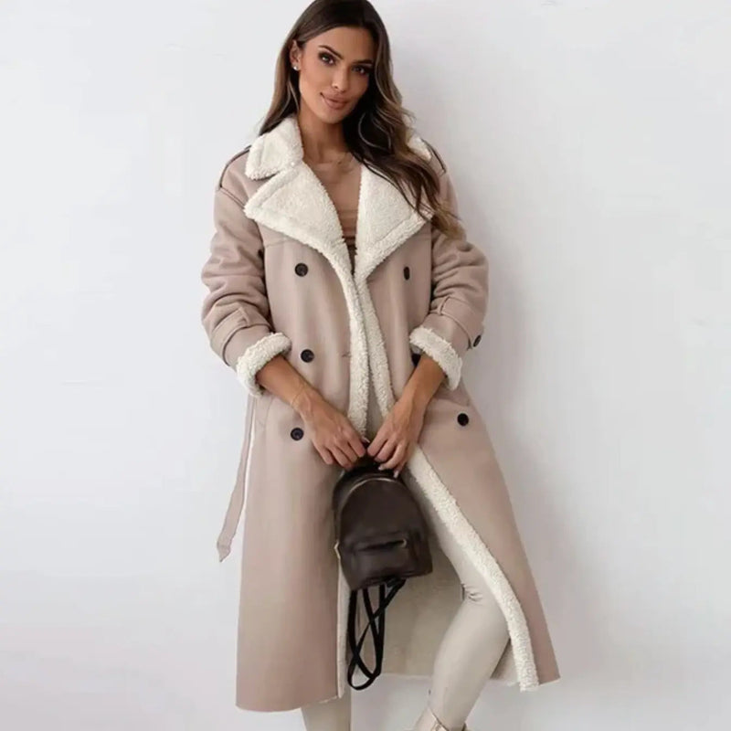 Belted Faux Shearling Trench Coat for Women with Double Breasted Front in Beige, front view