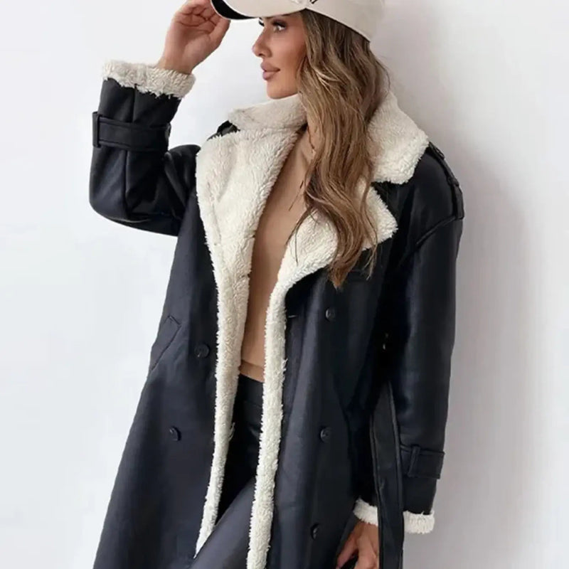 Belted Faux Shearling Trench Coat for Women with Double Breasted Front in Black, close-up