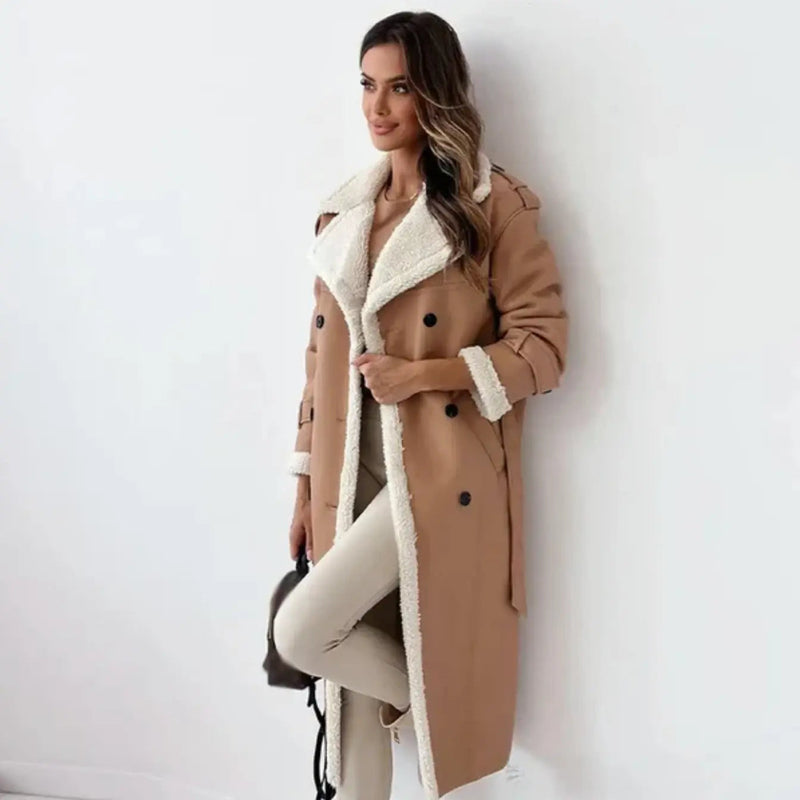 Belted Faux Shearling Trench Coat for Women with Double Breasted Front in Camel, front view
