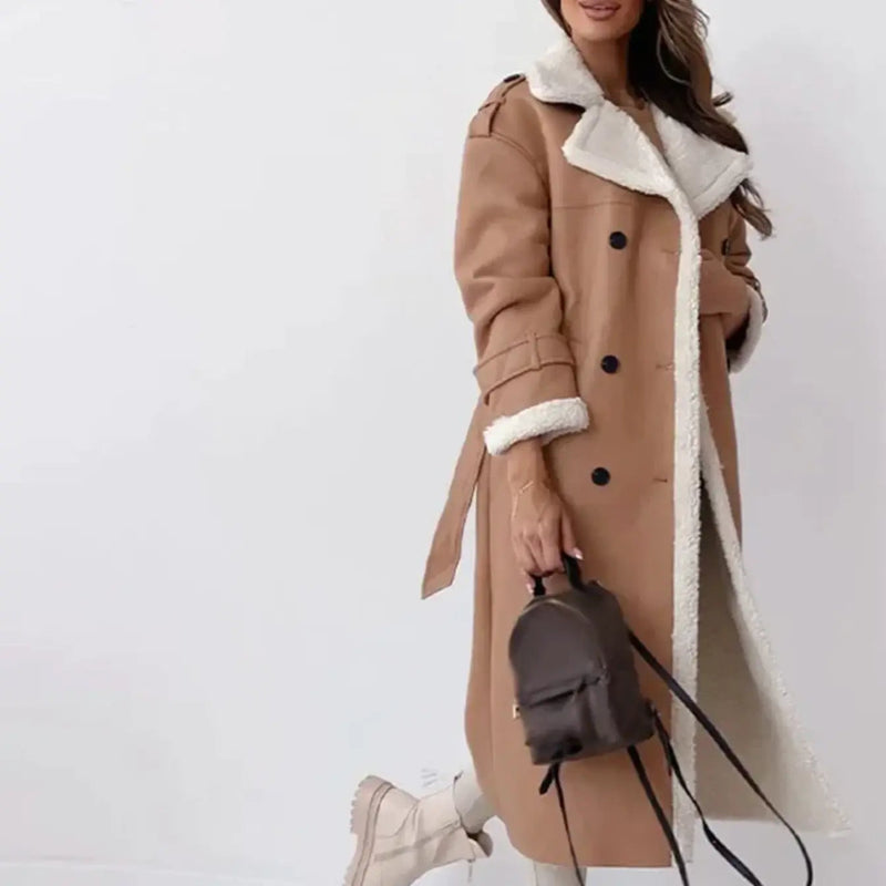Belted Faux Shearling Trench Coat for Women with Double Breasted Front in Camel, side view
