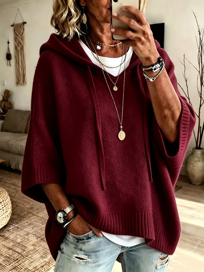 Oversized Knit Sweater Hoodie for Women with Batwing Half Sleeves, front view