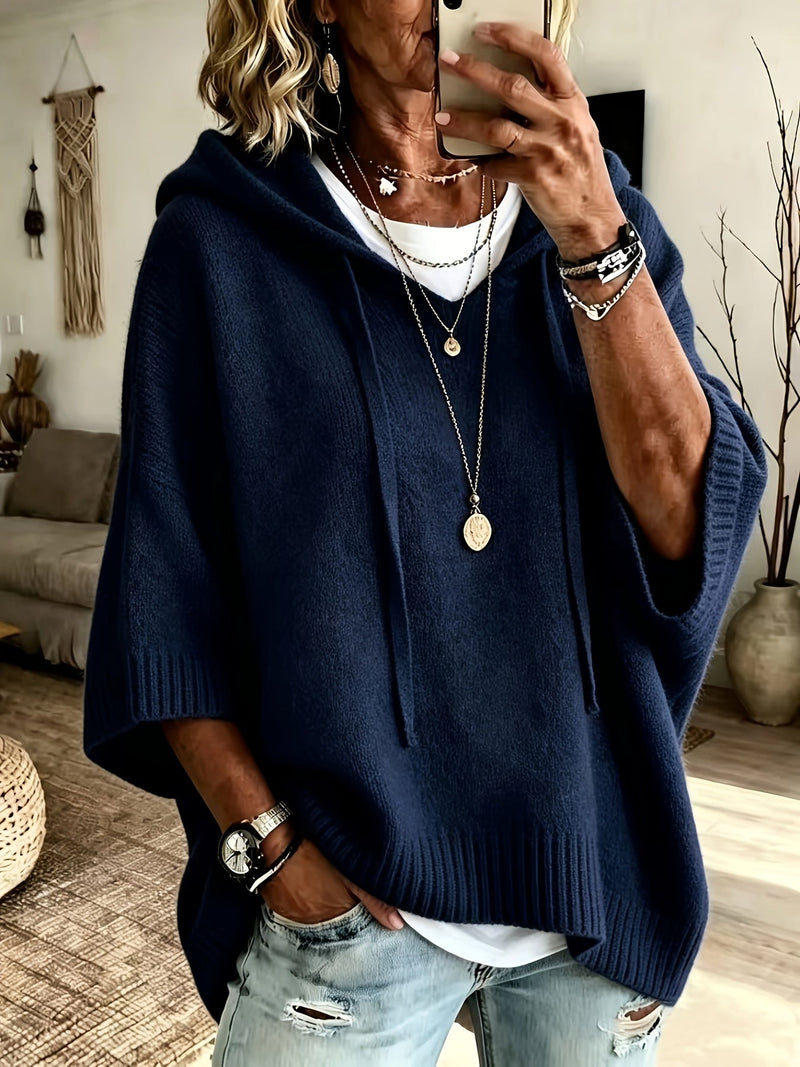 Oversized Knit Sweater Hoodie for Women with Batwing Half Sleeves, front view 2