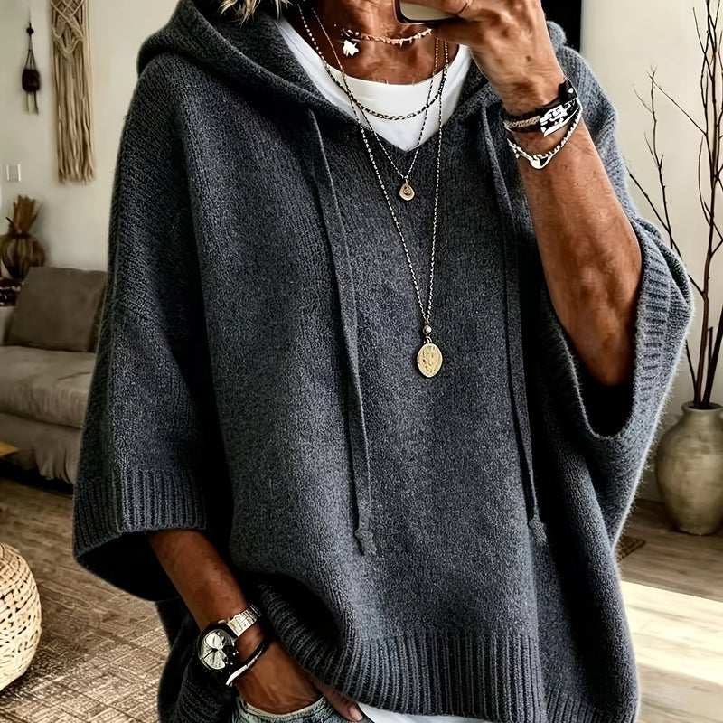 Oversized Knit Sweater Hoodie for Women with Batwing Half Sleeves in Grey, front view 2