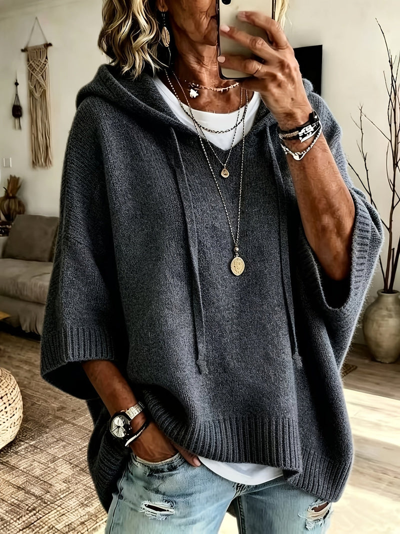 Oversized Knit Sweater Hoodie for Women with Batwing Half Sleeves in Grey, front view