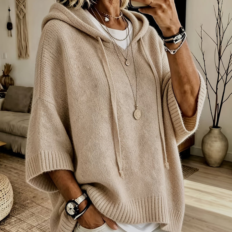 Oversized Knit Sweater Hoodie for Women with Batwing Half Sleeves in Khaki, front view 3