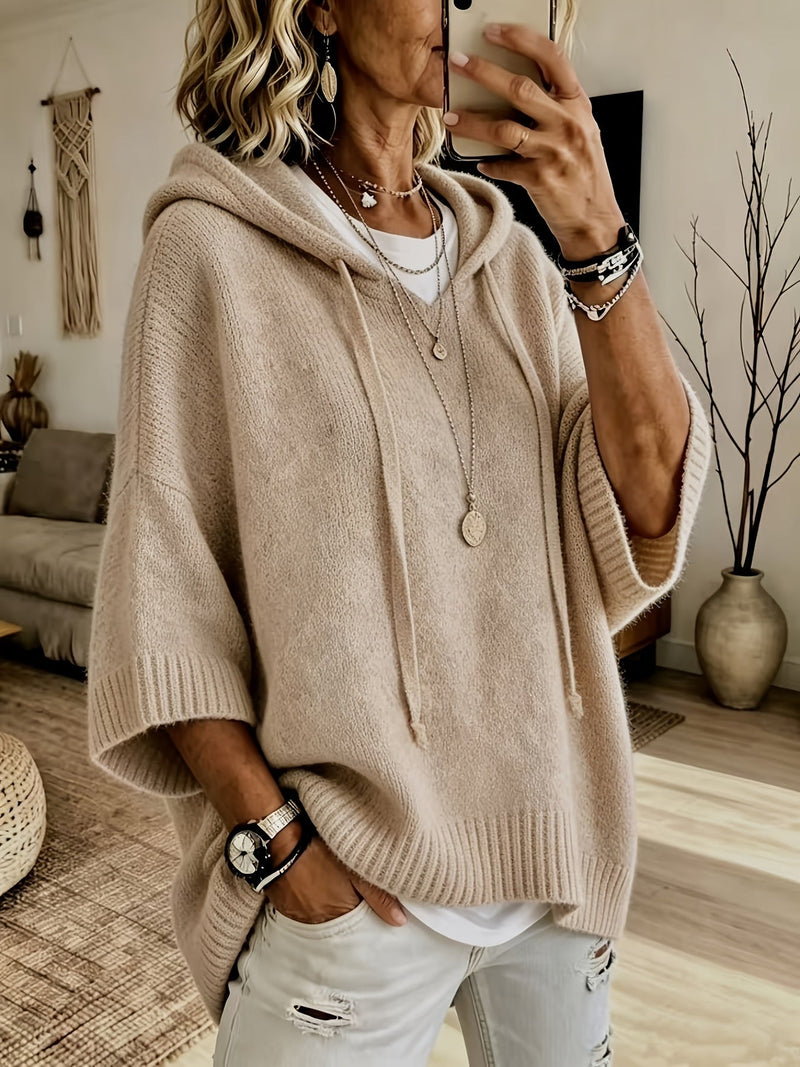 Oversized Knit Sweater Hoodie for Women with Batwing Half Sleeves in Khaki, front view