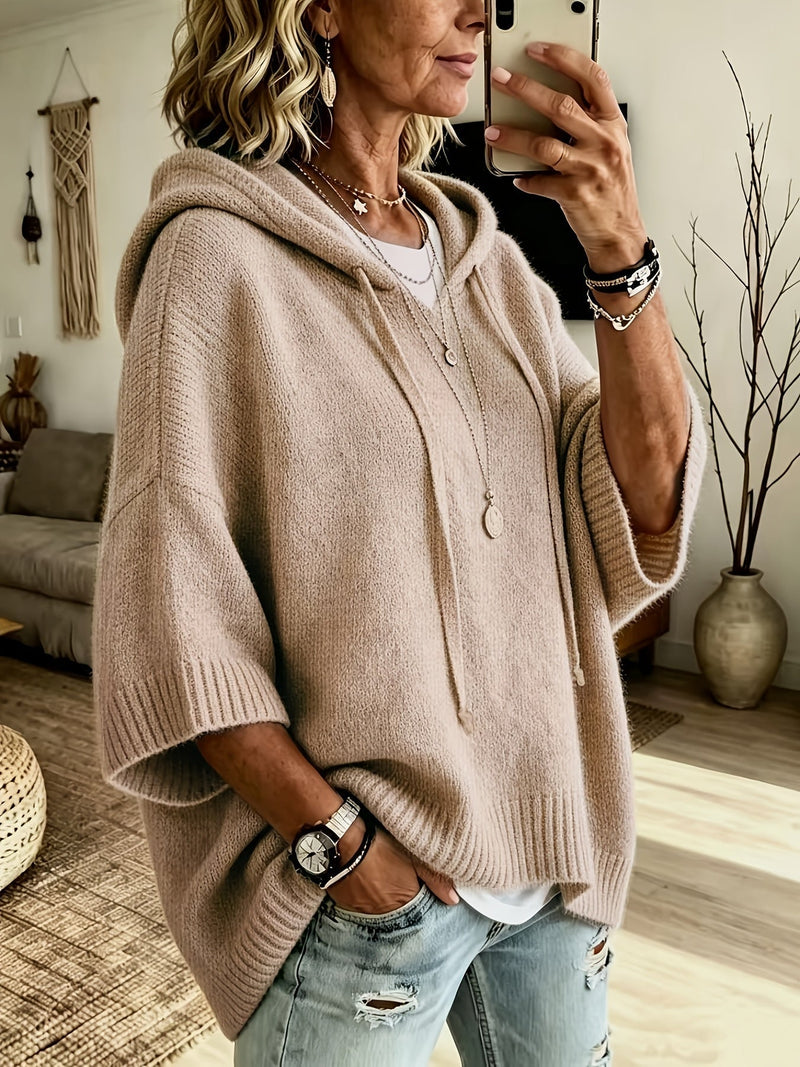 Oversized Knit Sweater Hoodie for Women with Batwing Half Sleeves in Khaki, front view 2