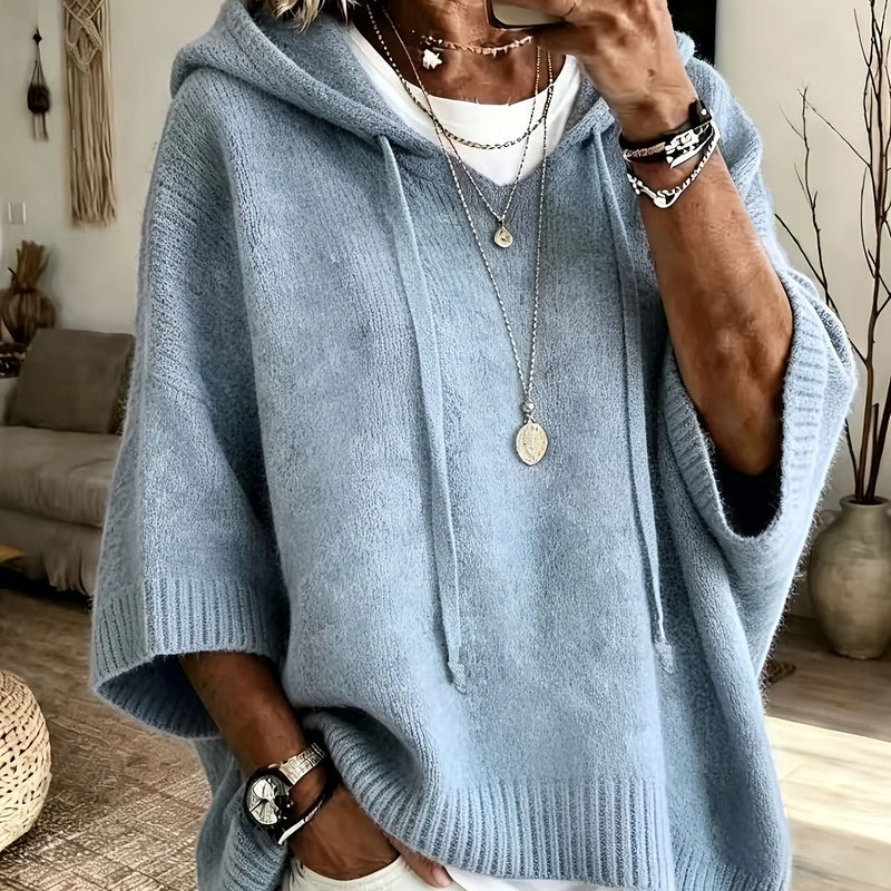 Oversized Knit Sweater Hoodie for Women with Batwing Half Sleeves in Light Blue, front view 2