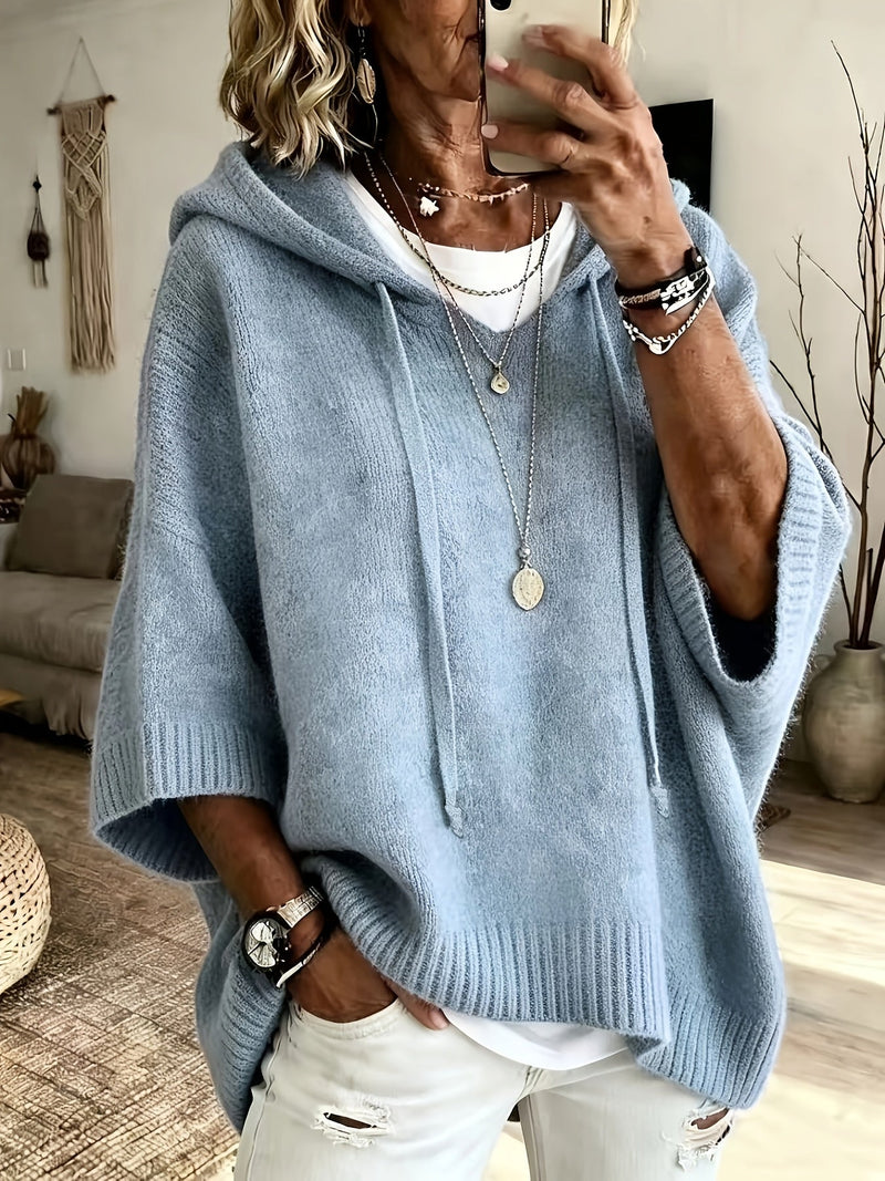 Oversized Knit Sweater Hoodie for Women with Batwing Half Sleeves in Light Blue, front view