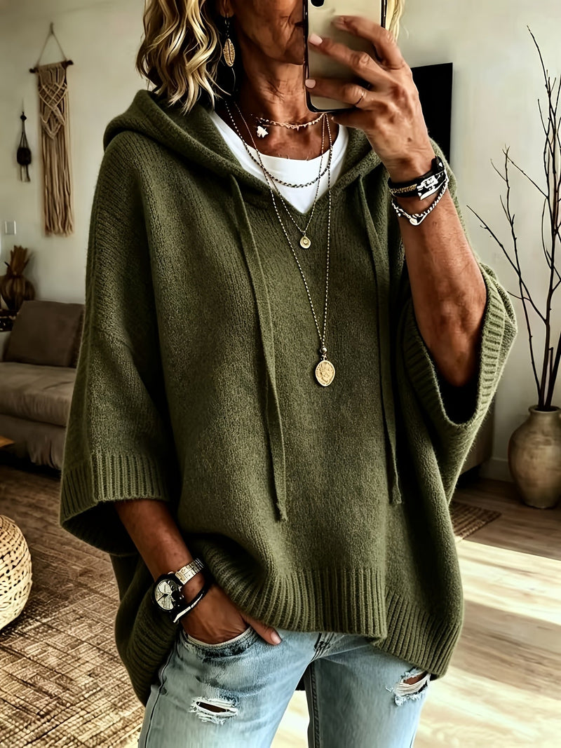 Oversized Knit Sweater Hoodie for Women with Batwing Half Sleeves in Olive Green, front view 2