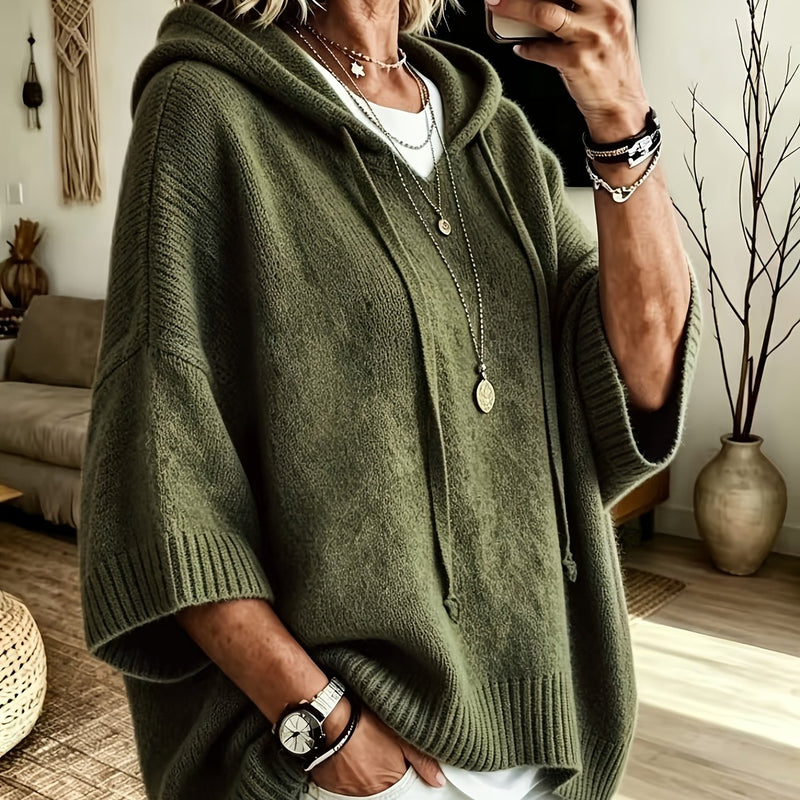 Oversized Knit Sweater Hoodie for Women with Batwing Half Sleeves in Olive Green, front view 3