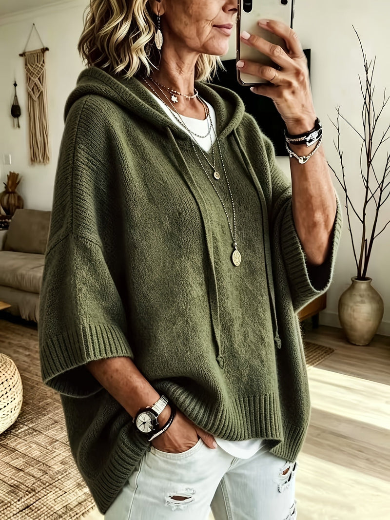 Oversized Knit Sweater Hoodie for Women with Batwing Half Sleeves in Olive Green, front view