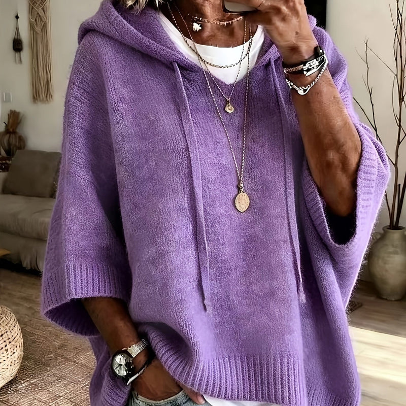 Oversized Knit Sweater Hoodie for Women with Batwing Half Sleeves in Purple, front view 2