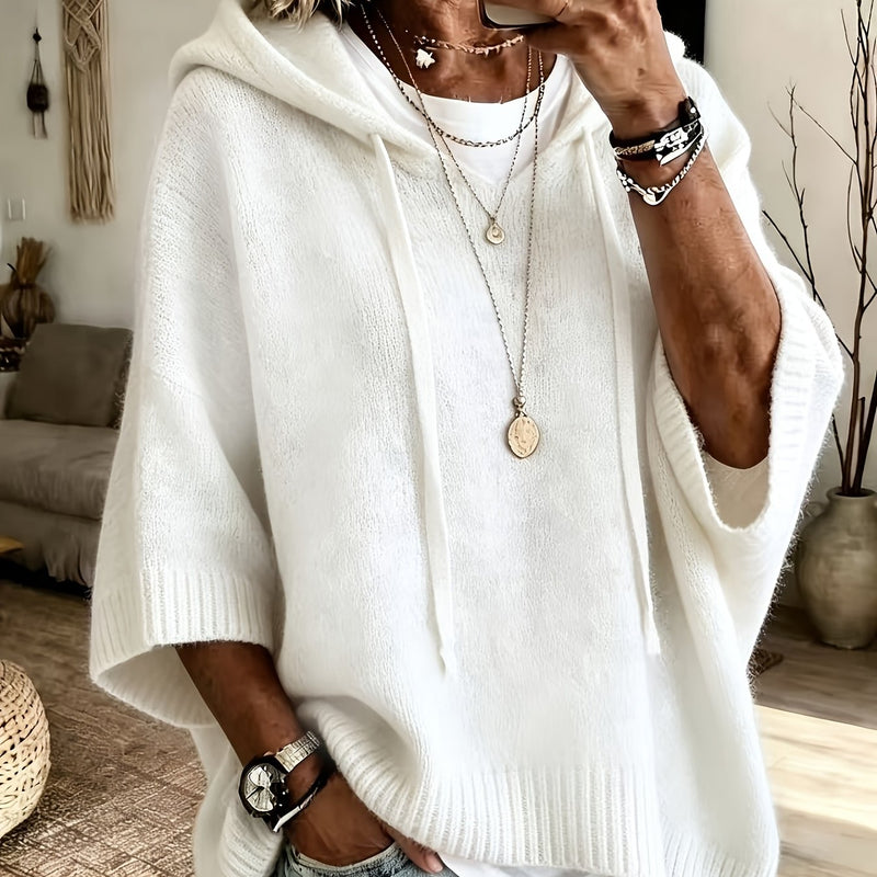 Oversized Knit Sweater Hoodie for Women with Batwing Half Sleeves in White, front view 2