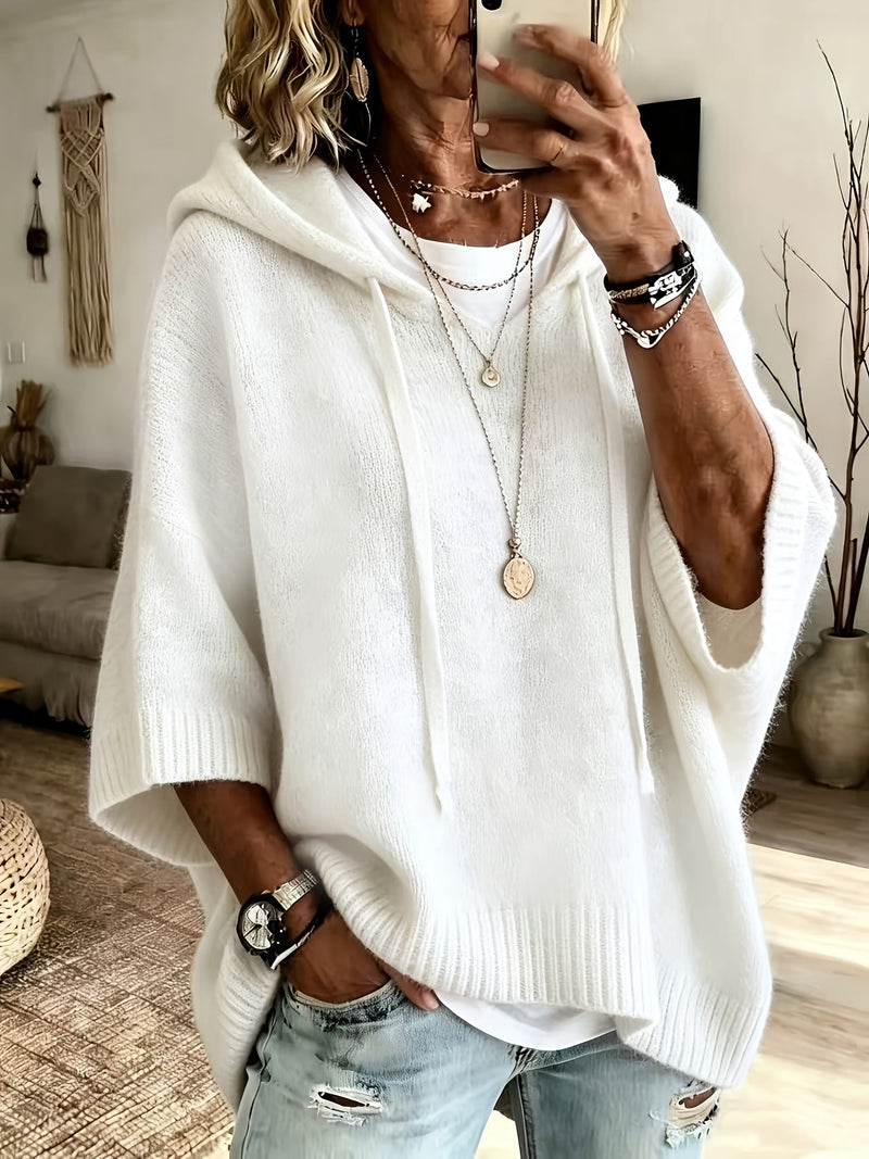 Oversized Knit Sweater Hoodie for Women with Batwing Half Sleeves in White, front view