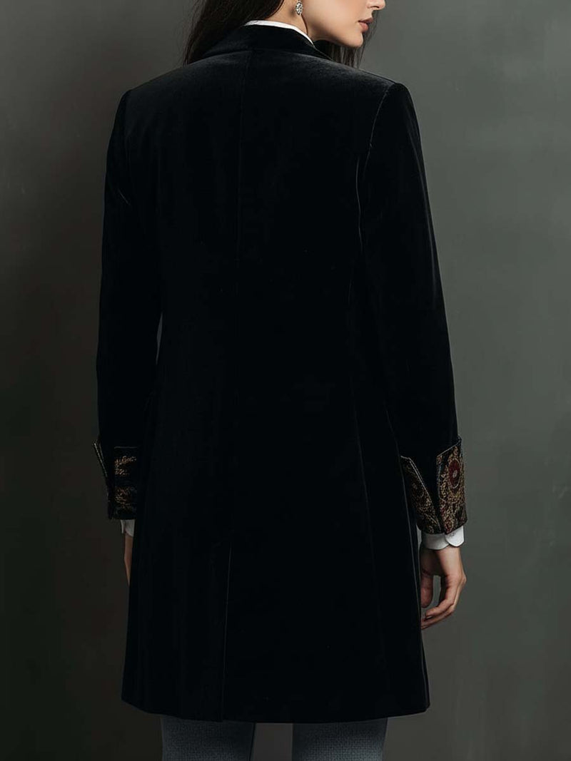 Long Velvet Blazer for Women with Baroque Print Lapels and Cuffs in Black, back view