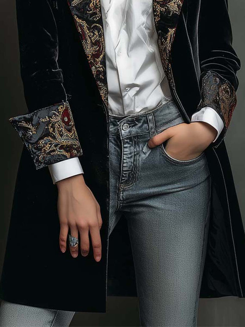 Long Velvet Blazer for Women with Baroque Print Lapels and Cuffs in Black, cuff detail