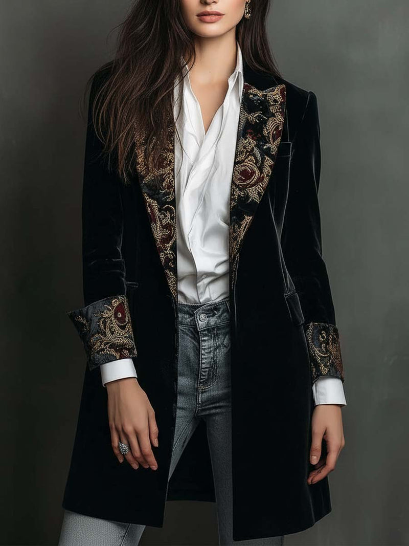Long Velvet Blazer for Women with Baroque Print Lapels and Cuffs in Black, front view open