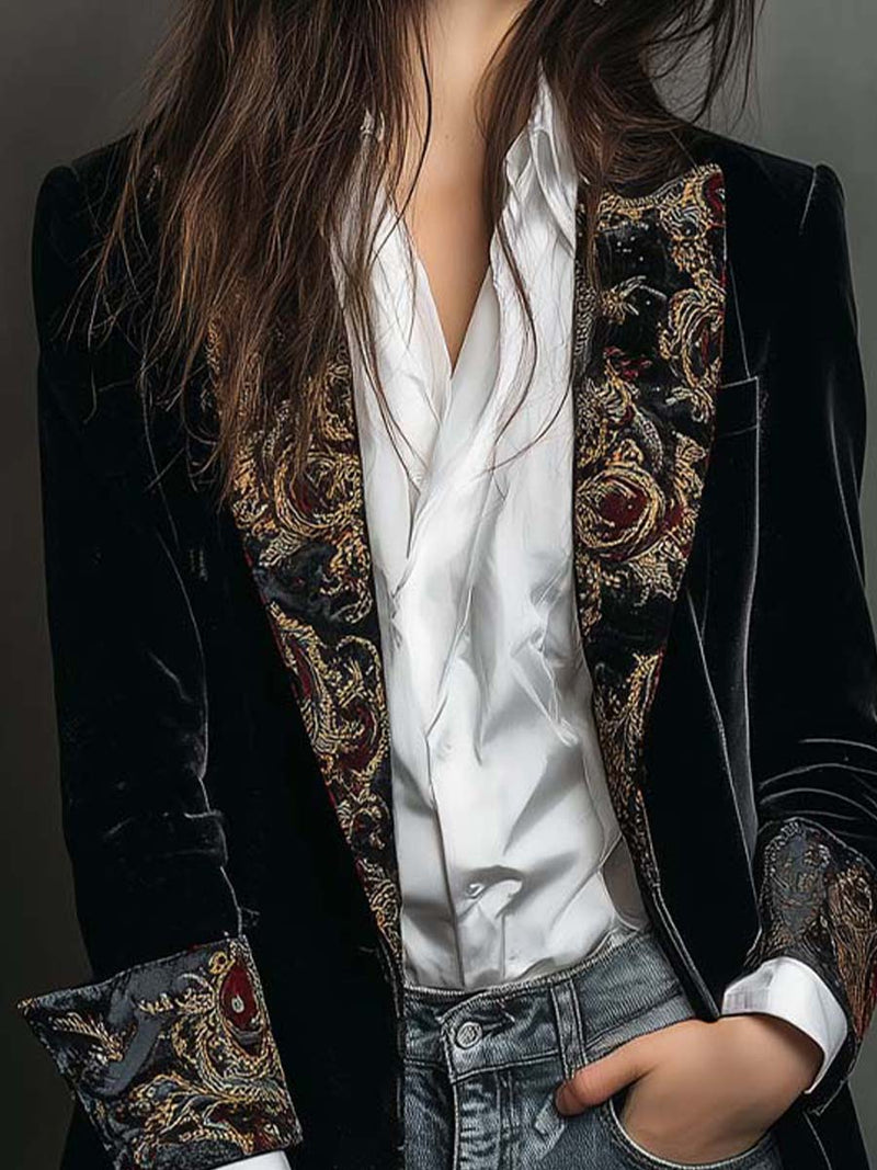 Long Velvet Blazer for Women with Baroque Print Lapels and Cuffs in Black, lapel close-up