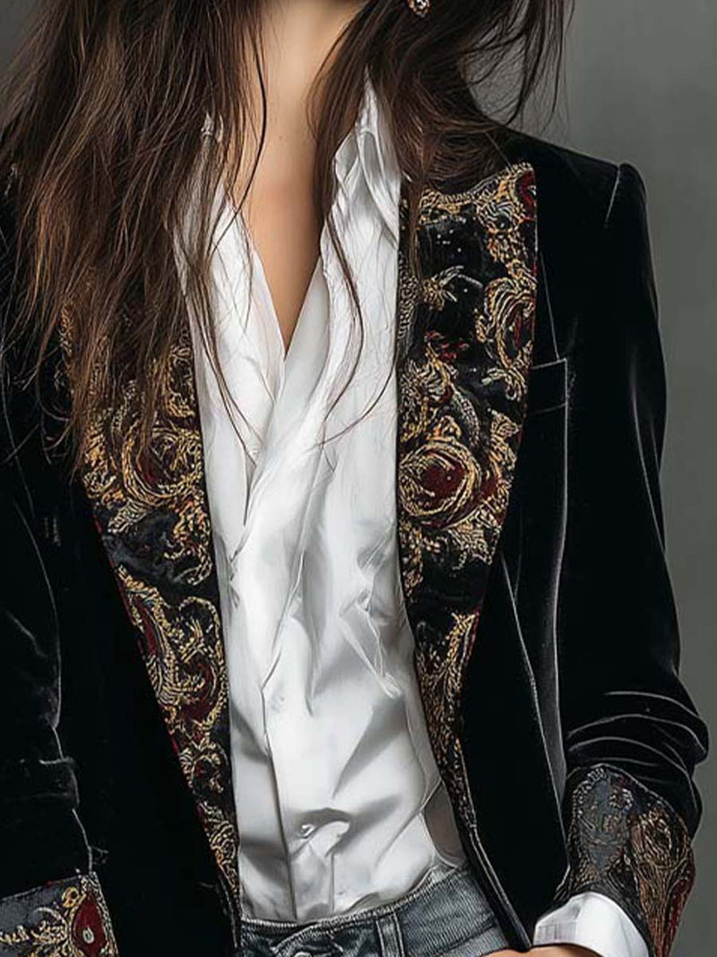 Long Velvet Blazer for Women with Baroque Print Lapels and Cuffs in Black, lapel detail