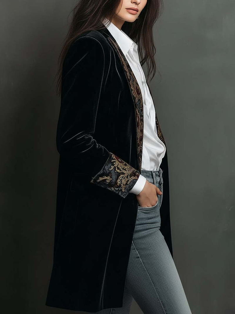 Long Velvet Blazer for Women with Baroque Print Lapels and Cuffs in Black, side view