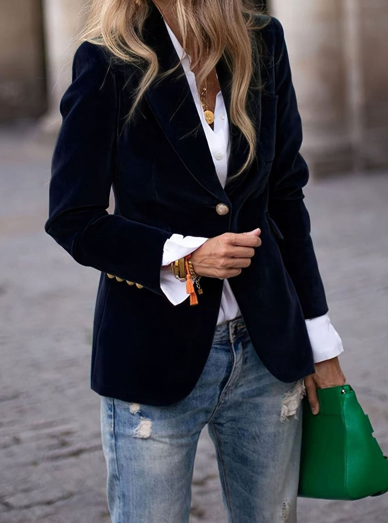 Single Button Velvet Blazer for Women with Notched Lapels and Flap Pockets in Black, front view