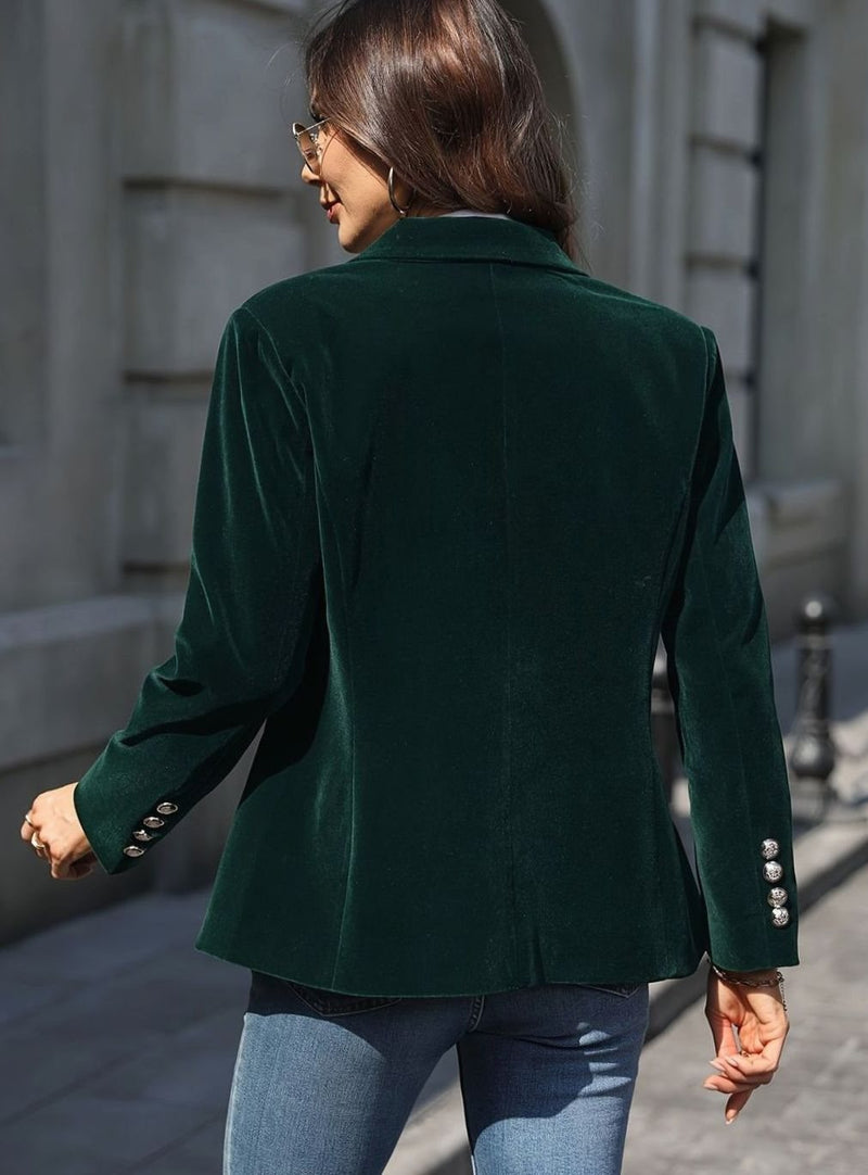 Single Button Velvet Blazer for Women with Notched Lapels and Flap Pockets in Dark Green, back view