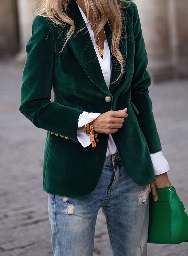 Single Button Velvet Blazer for Women with Notched Lapels and Flap Pockets in Dark Green, front view