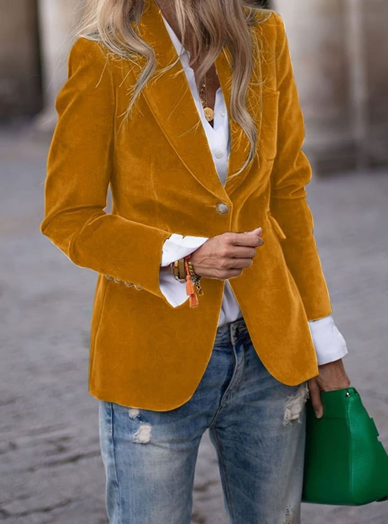 Single Button Velvet Blazer for Women with Notched Lapels and Flap Pockets in Mustard, front view