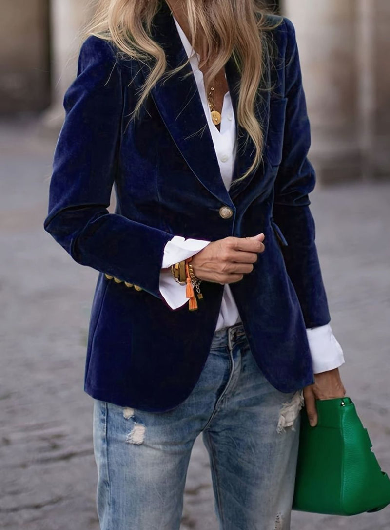 Single Button Velvet Blazer for Women with Notched Lapels and Flap Pockets in Navy Blue, front view